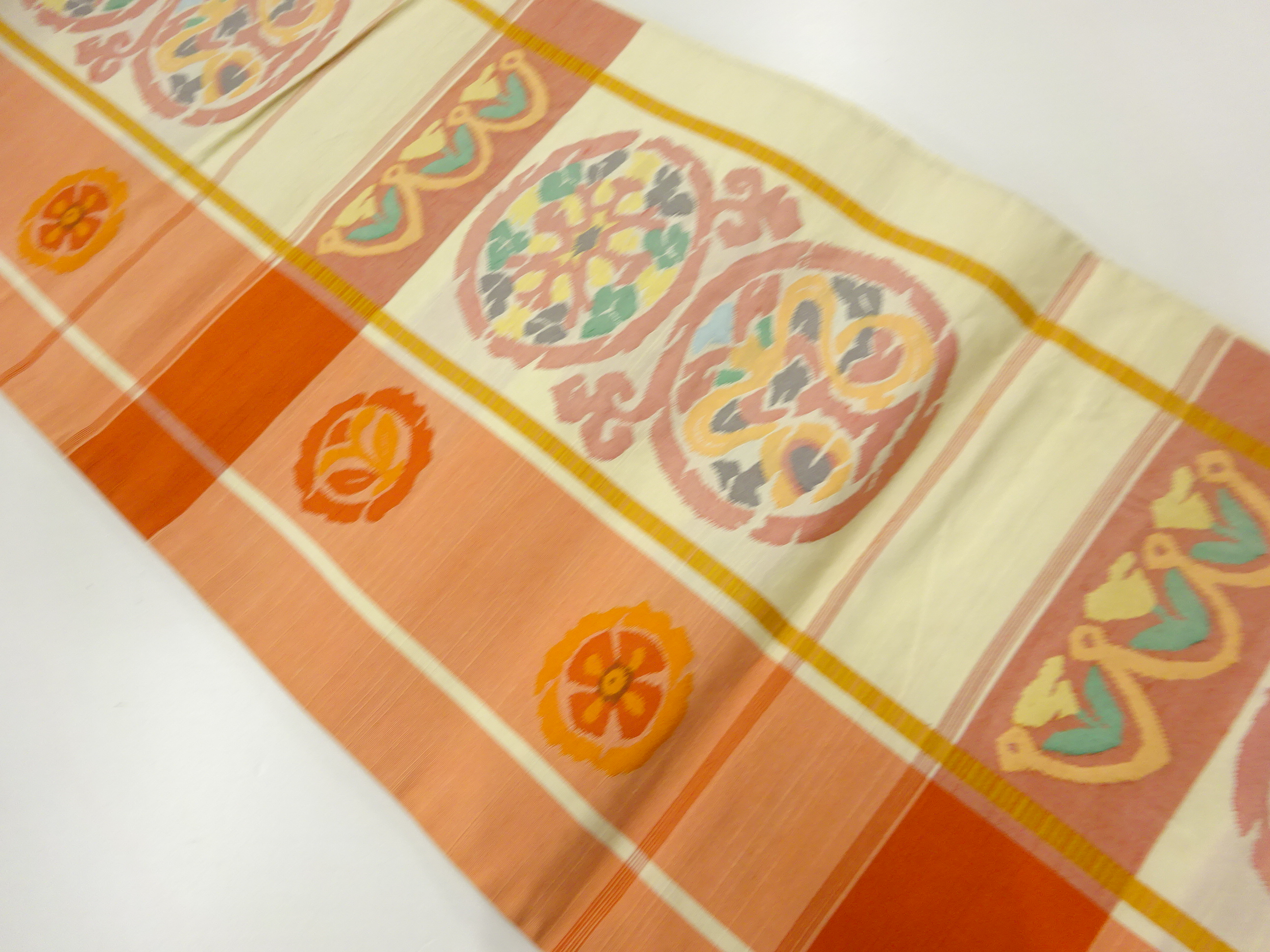 アンティーク　手織り紬格子に花模様織出し袋帯（材料）